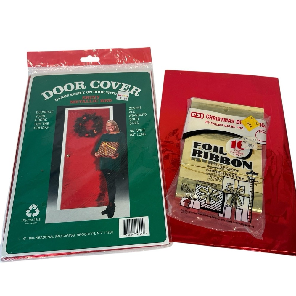 Vintage Christmas Door Metallic Foil Decoration Ribbon Cover 36x84 NOS Red Gold - Picture 1 of 3